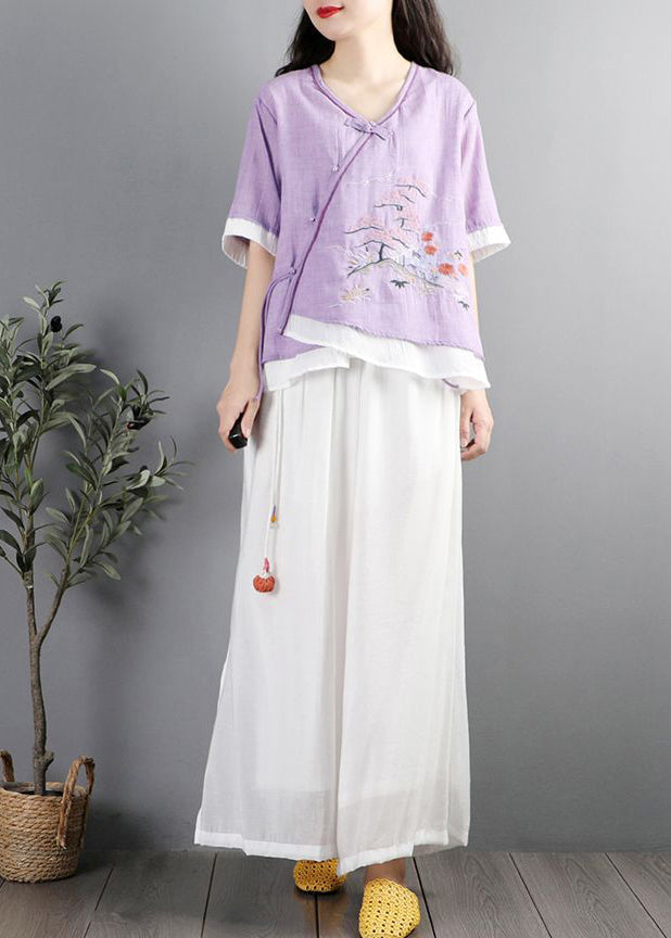 Purple Embroideried Patchwork Cotton Blouses Summer