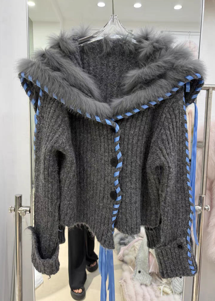 Dark Gray Fur Collar Button Cozy Knit Coat Fall