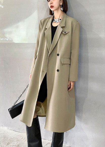 Simple Khaki Peterpan Collar Pockets Button Fall Long Sleeve Coat