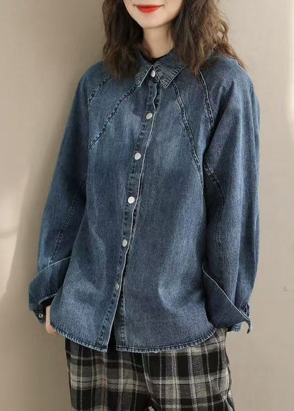 Blue Peter Pan Collar Denim Shirts Spring