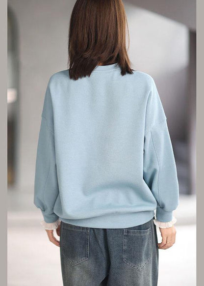 Comfy Blue O-neck Print Fall Sweatshirt