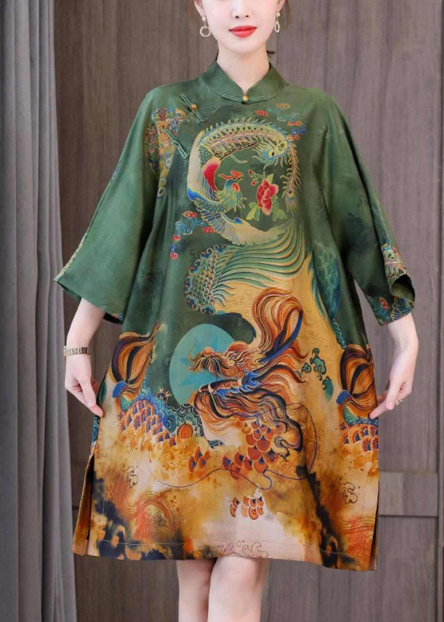 Green Print Chinese Style Silk a Line Dresses Spring