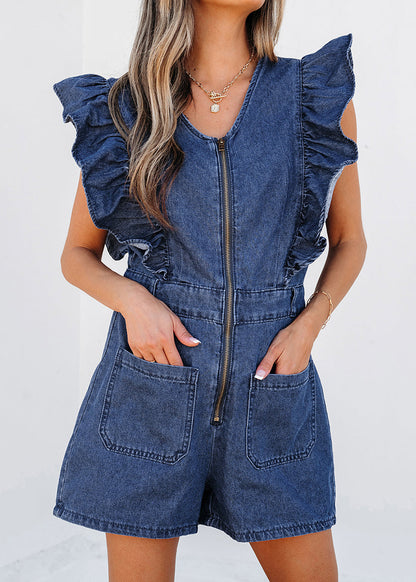 Stylish Navy O-neck Ruffled Zippered Denim Jumpsuit Short Sleeve Fall