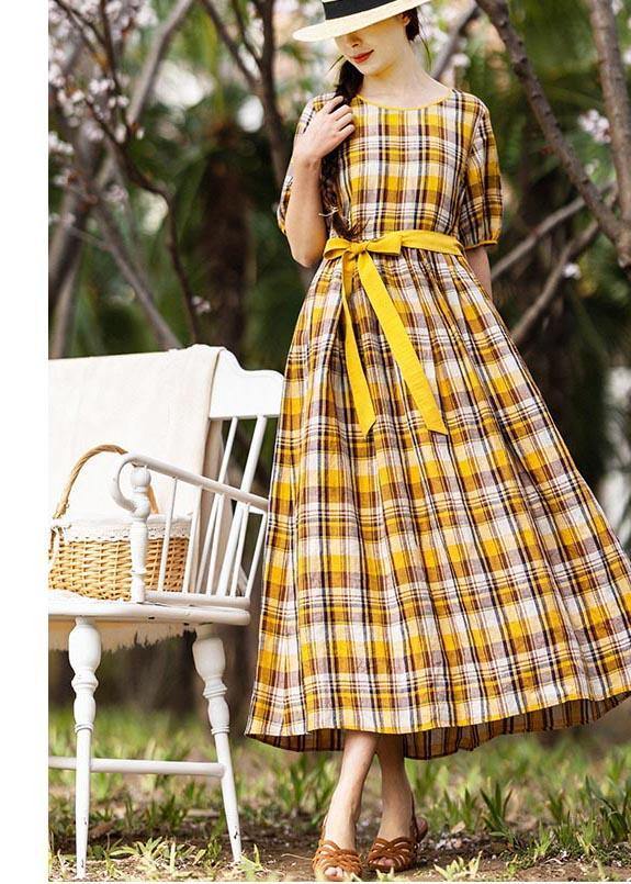 Yellow Plaid Tie Waist Mid Summer Linen Dress