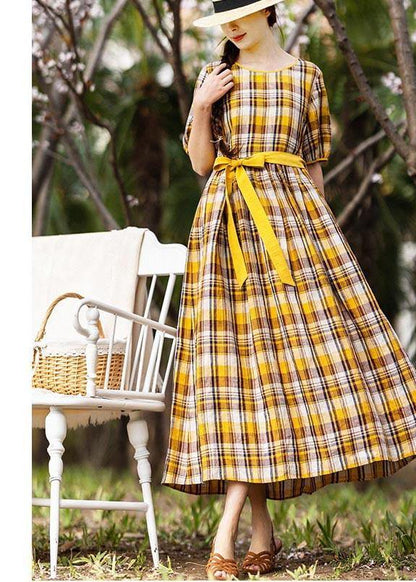 Yellow Plaid Tie Waist Mid Summer Linen Dress