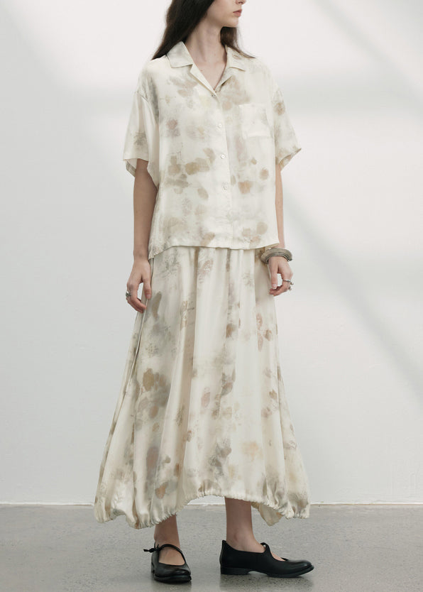 Unique Beige Print Drawstring Tops and Skirts Cotton Two Pieces Set Summer