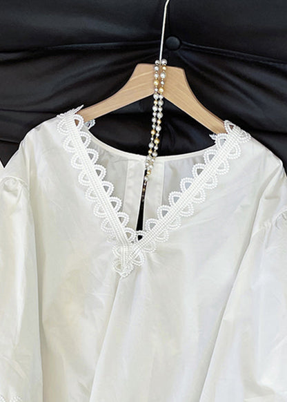 Original Design White V Neck Bow Hollow Out Cotton Shirts Fall