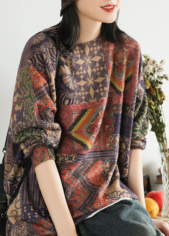 Geometric Pattern Loose O-neck Print Oriental Fall Knit Sweater
