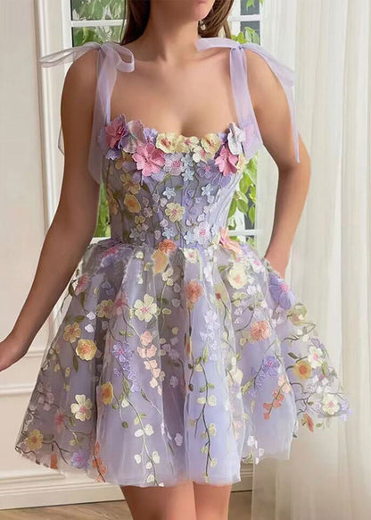 Novelty Purple Embroidered Zippered Tulle Spaghetti Strap Dress Sleeveless Summer