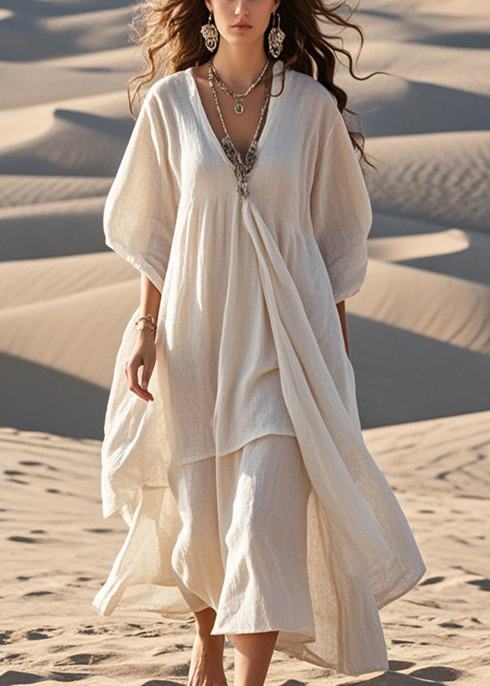 White Cotton Maxi Dresses Asymmetrical Bracelet Sleeve Summer