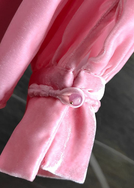 Pink O-neck Tasseled Patchwork Silk Velour Tops Spring