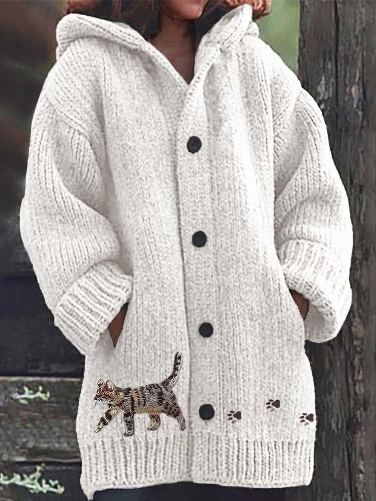 Comstylish Cat & Paw Prints Embroidered Cozy Knit Hooded Cardigan