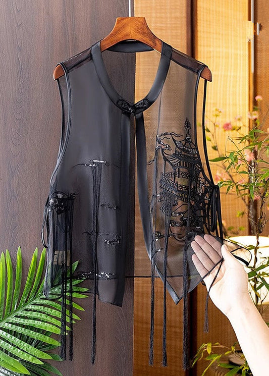 Modern Black O-neck Embroideried Silk Waistcoat Summer