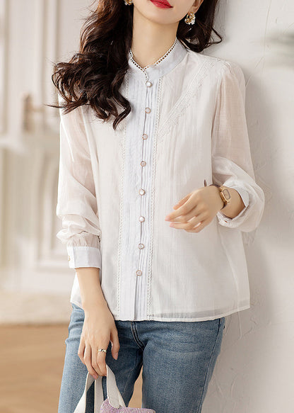 White Button Lace Patchwork Shirts Long Sleeve