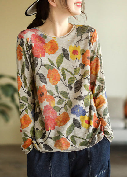 Blue O-neck Print Cotton Knitted Top Long Sleeve