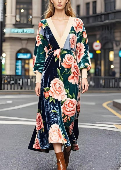 Colorblock V Neck Patchwork Print Silk Velour Dresses Fall