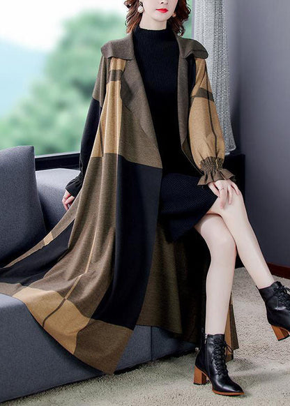 Khaki Peter Pan Collar Pockets Plaid Spandex Coat Outwear Long Sleeve