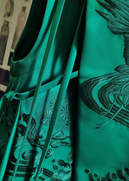 Green Stand Collar Embroideried Patchwork Silk Vest Sleeveless