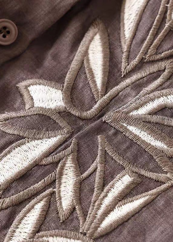 Coffee O-neck Button Embroidered Ramie Shirt Spring