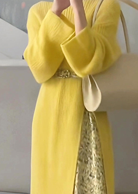 Yellow O-neck Knit Sweaters Dresses and Skirts Two Piece Set Fall