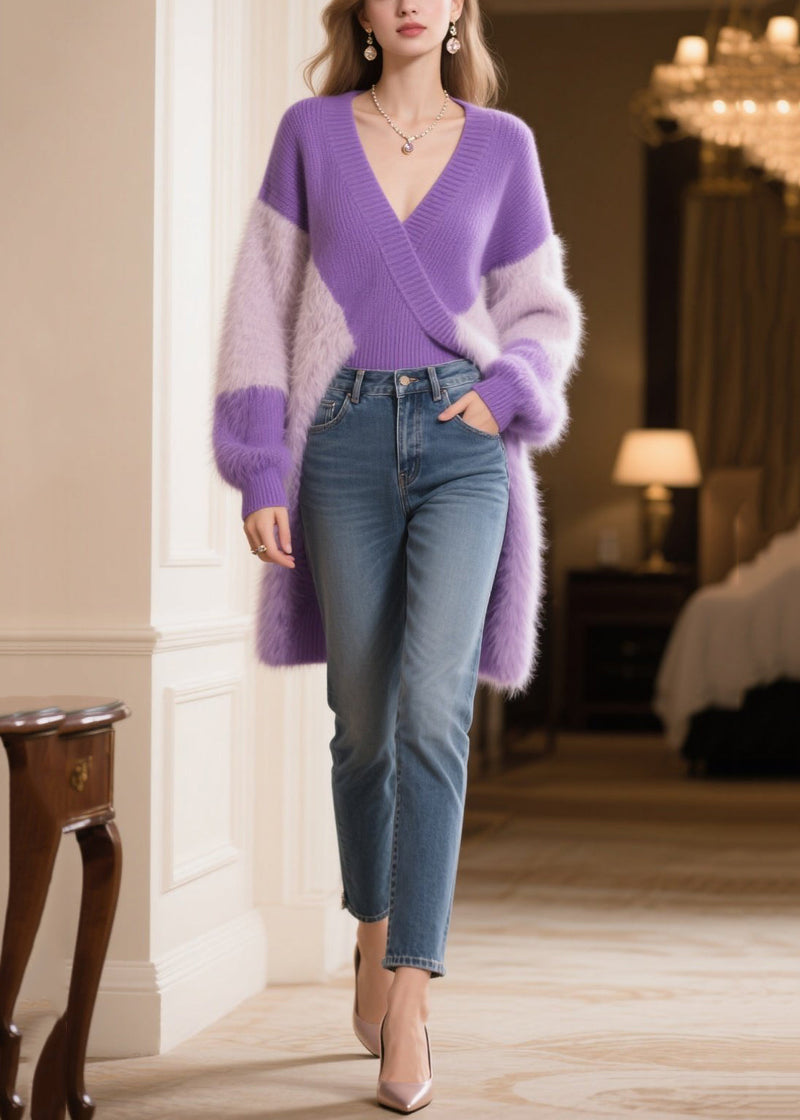 Purple V Neck Patchwork Faux Fur Long Sweater Winter