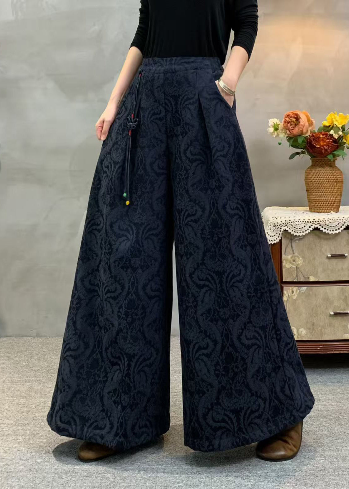 Beige Tassel Embroidered Warm Fleece Pants Winter