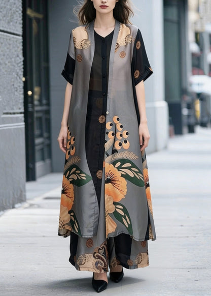 Unique Colorblock Stand Collar Patchwork Print Chiffon 2 Piece Outfit Summer