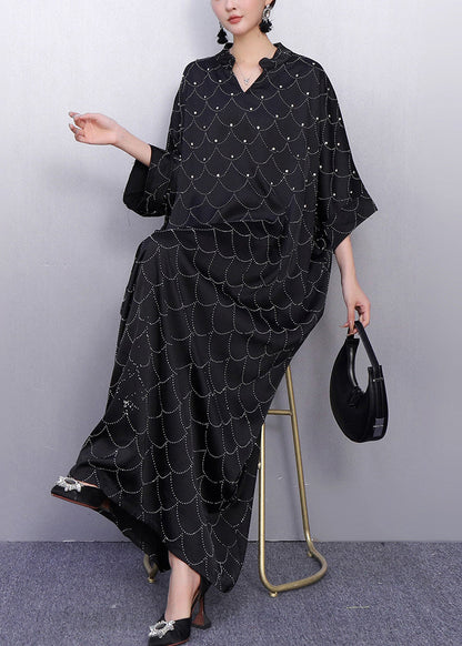 Black Oversized Rhinestone Silk Maxi Dresses Summer
