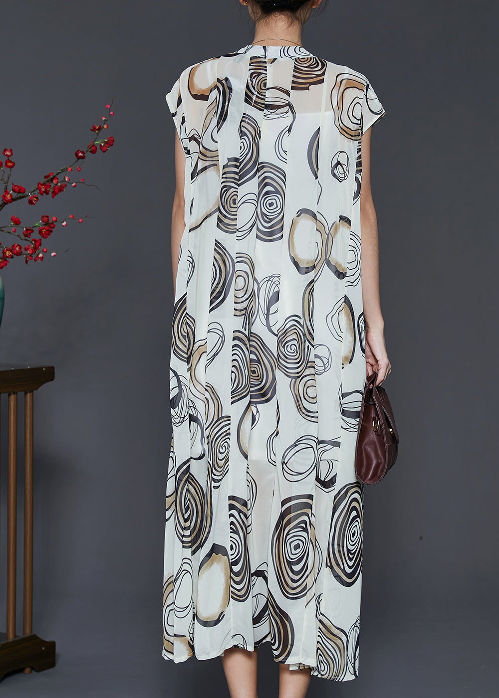 White Stand Collar Print Chiffon Holiday Dress Two Piece Set Summer