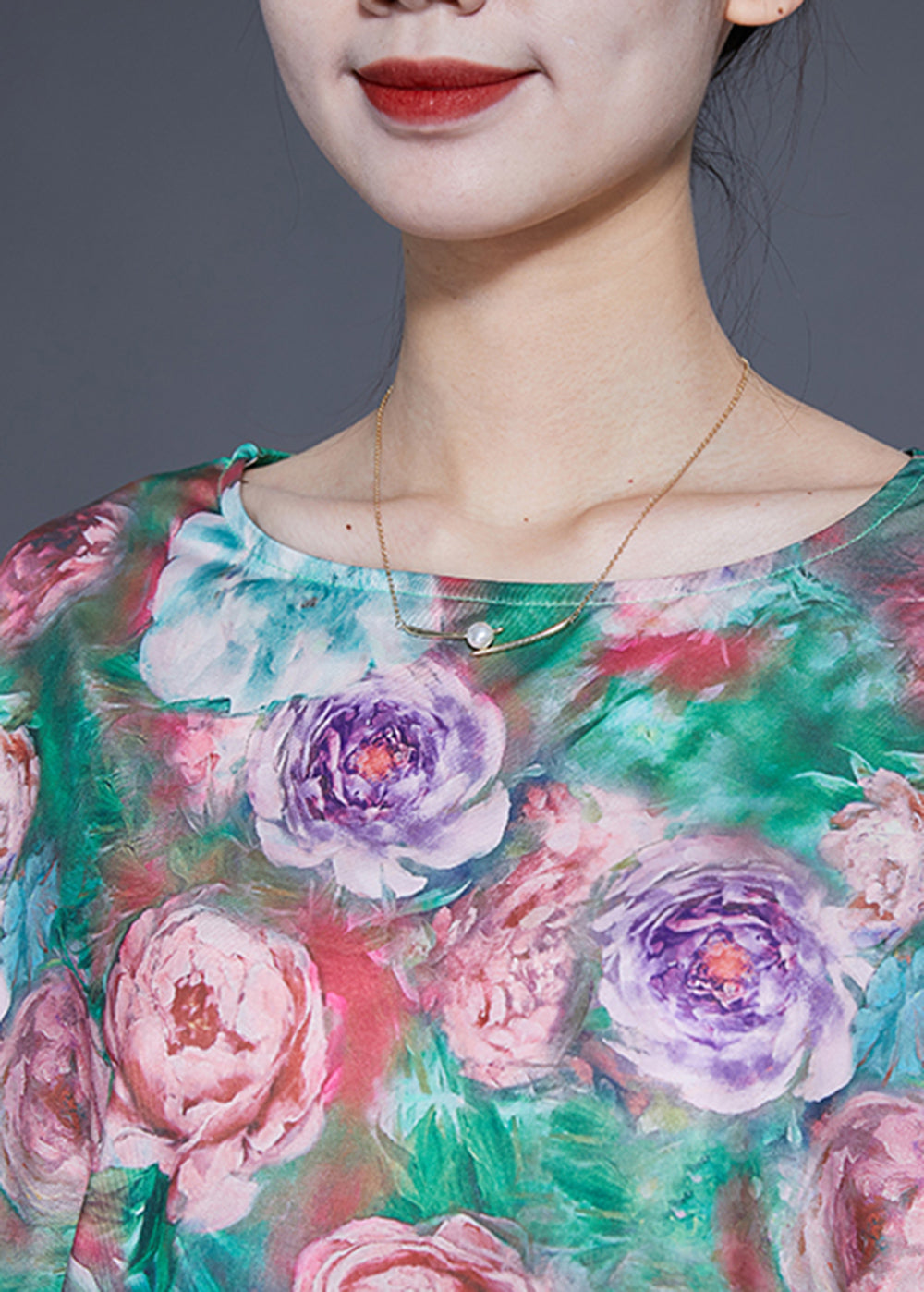 Unique Green Asymmetrical Print Silk Tank Batwing Sleeve