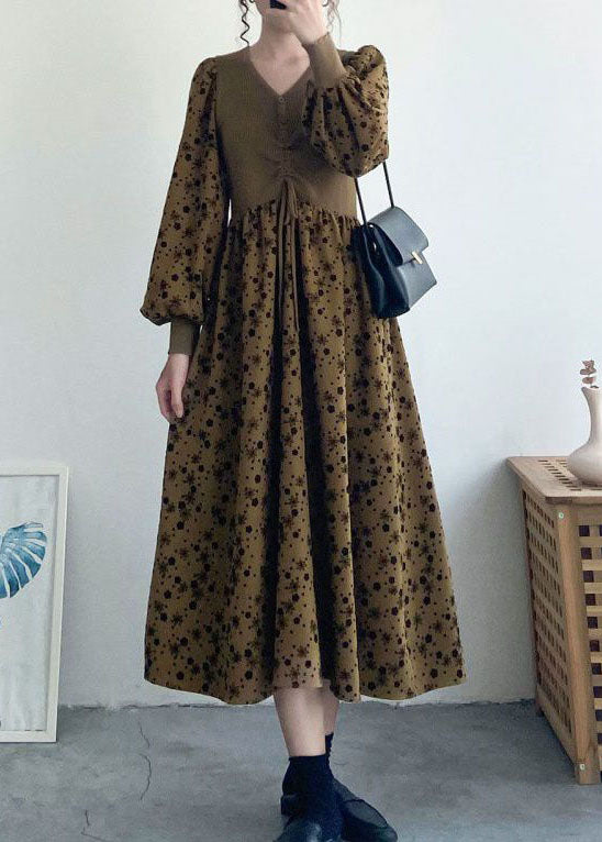 Style Khaki Knit Patchwork Drawstring Print Fall Maxi Dresses Long Sleeve