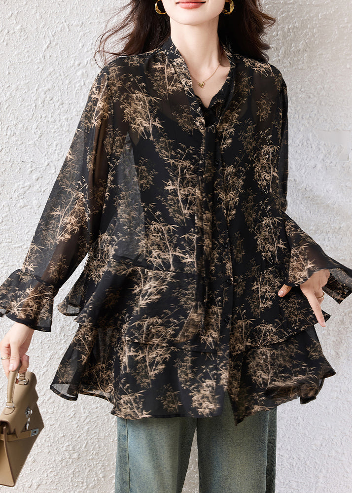 Black Oversized Print Chiffon Shirts Fall