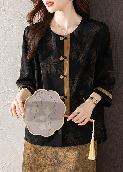 Fine Black Oversized Patchwork Chinese Button Silk Oriental Shirts Summer