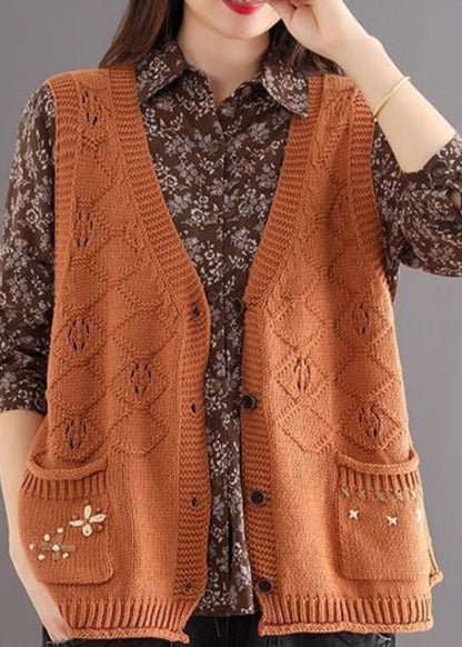 Orange V Neck Button Pockets Cotton Knit Waistcoat Sleeveless