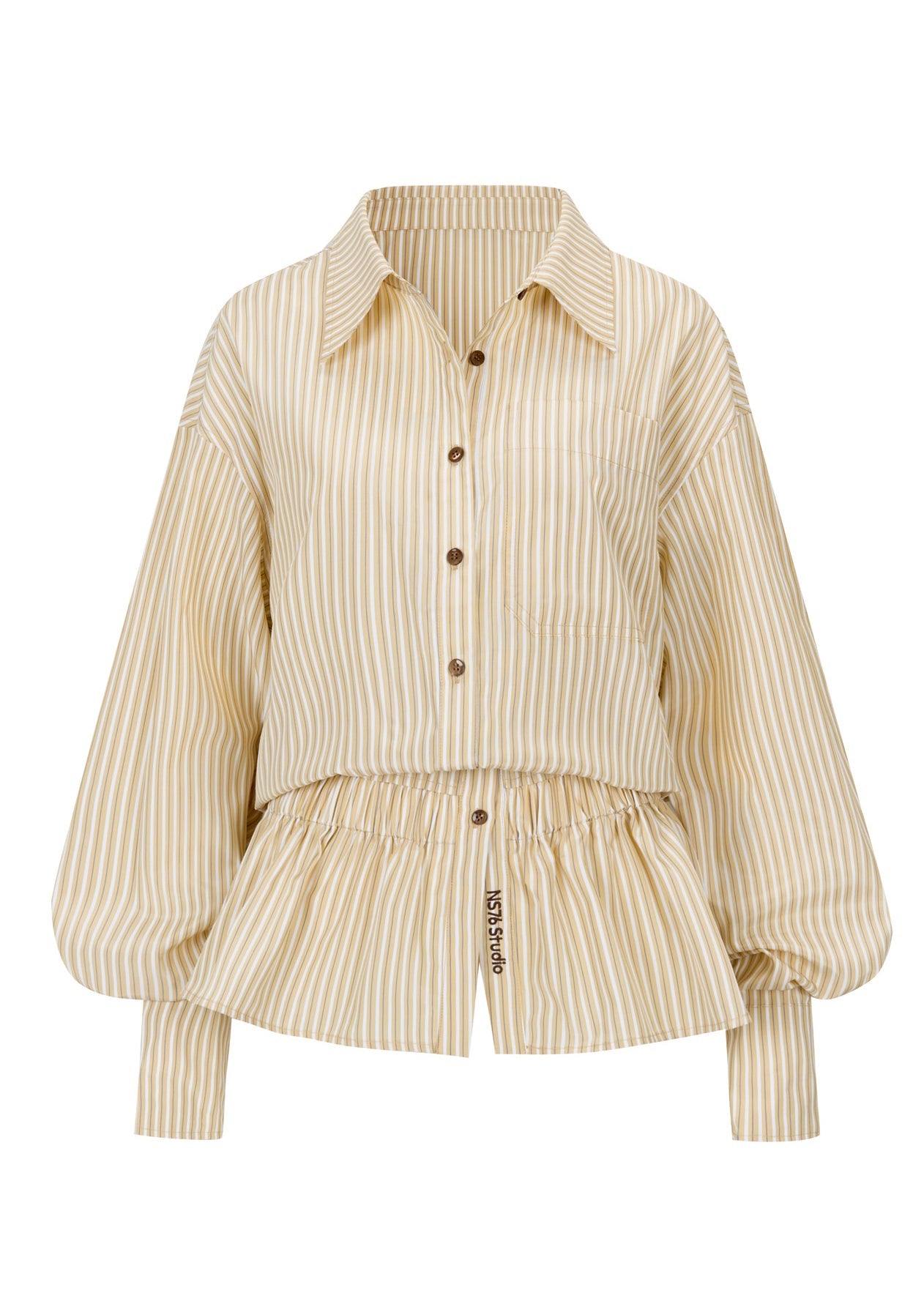New Yellow Embroidered Striped Elastic Waist Shirt Lantern Sleeve