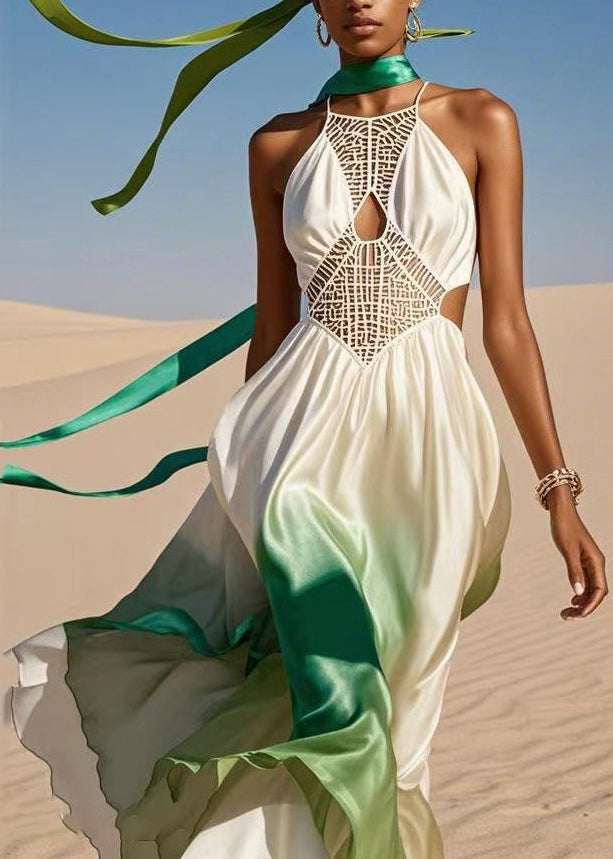 Colorblock Asymmetrical Hollow Out Cold Shoulder Silk Maxi Dress Summer