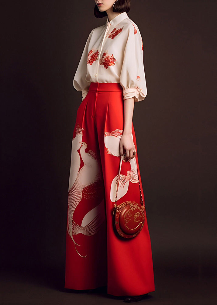 Beige Tops and Red Wide Leg Pants Chiffon Two Piece Set Fall