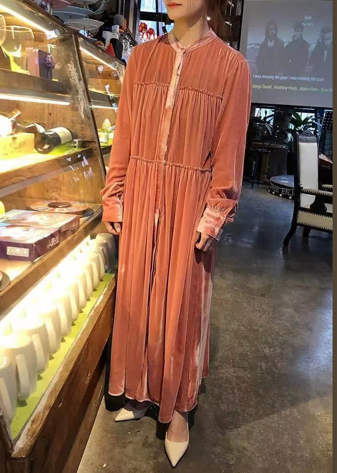 Green Button Ruffled Silk Velour Shirts Long Dresses Fall