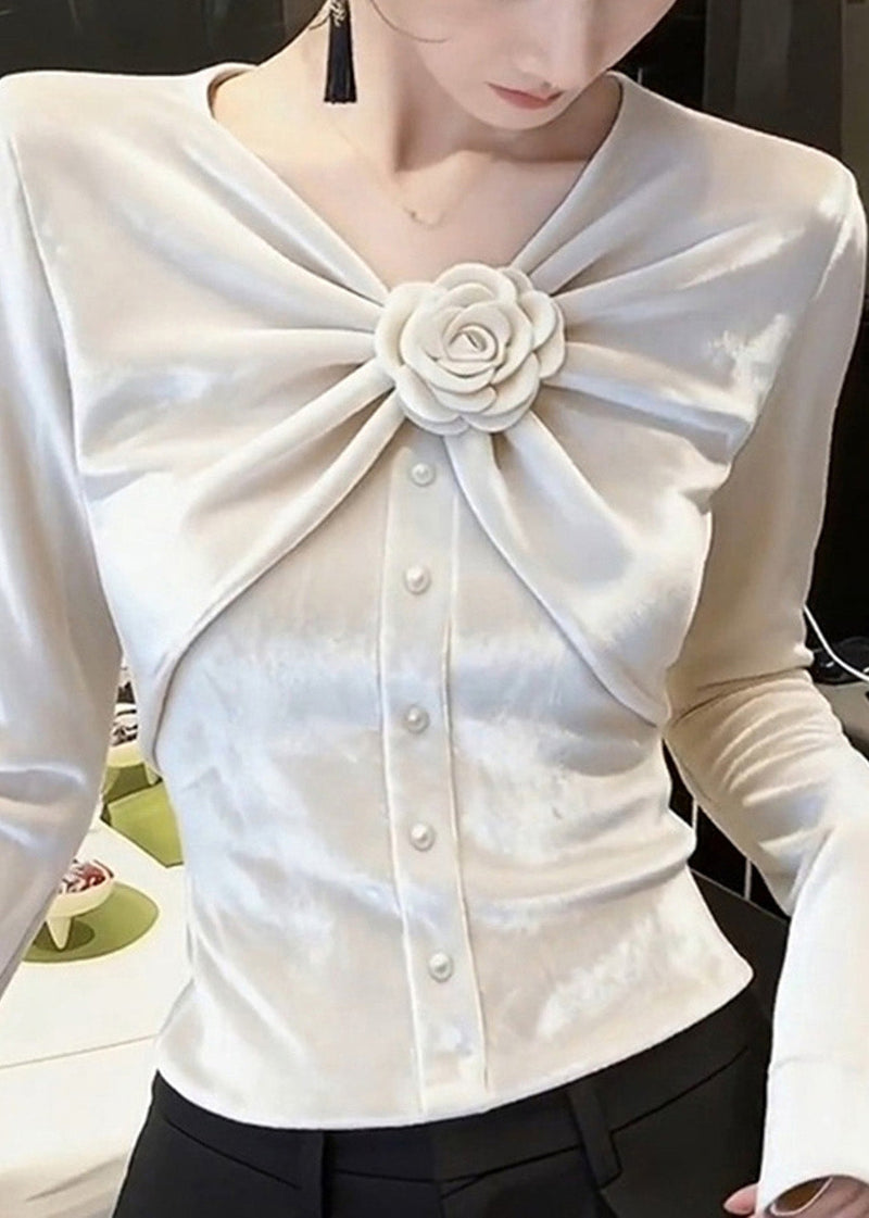 White V Neck Rose Wrinkled Silk Velour Tops Fall