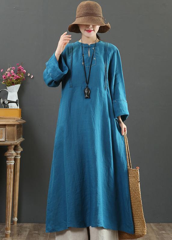 Stand Collar Pockets Spring Clothes Work Navy Long Dress