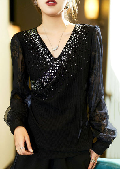 Black Zircon Lace Patchwork Cotton Knit Top Long Sleeve