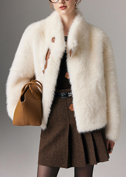 White Stand Collar Patchwork Warm Faux Fox Fur Jacket Winter