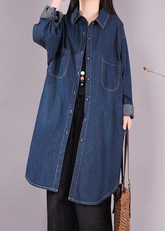 Art Lapel Print Spring Clothes Design Denim Blue Shirts