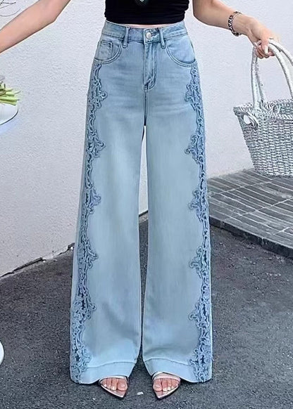 Handmade Blue Hollow Out Lace Patchwork Denim Pants Fall
