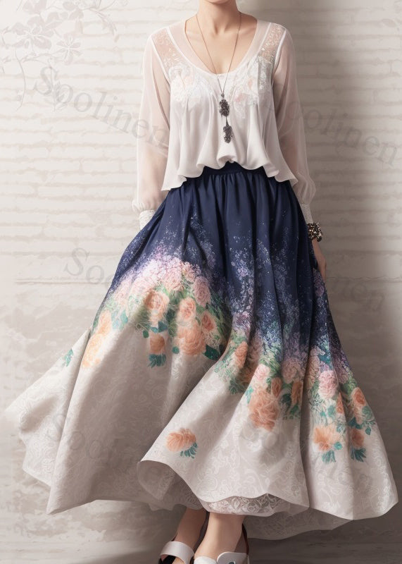 French White V Neck Print Patchwork Silk Maxi Dresses Fall