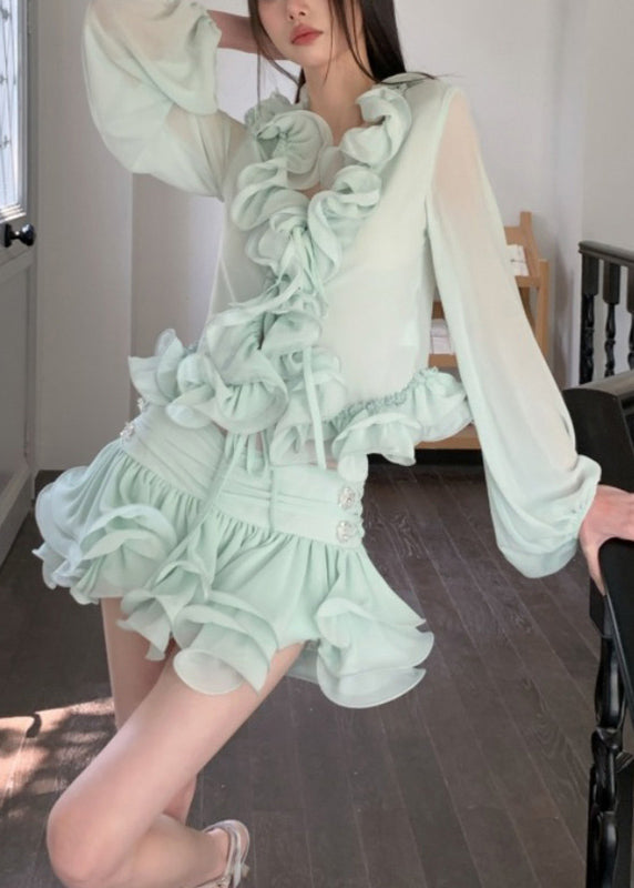 Slim Fit Light Green V Neck Ruffled Chiffon Shirt and Skirts Two Pieces Set Fall