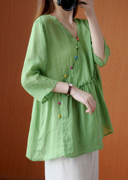 French Green V Neck Ruffled Asymmetrical Design Fall Half Sleeve Shirt