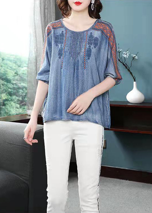 French Blue O-neck Embroideried Cotton Shirt Top Lantern Sleeve