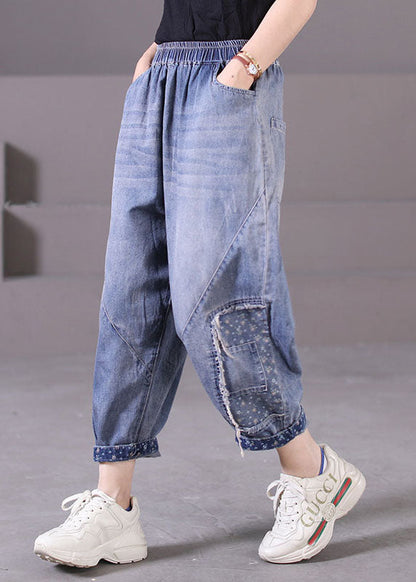 Blue Elastic Waist Pockets Patchwork Applique Cotton Denim Harem Pants Summer