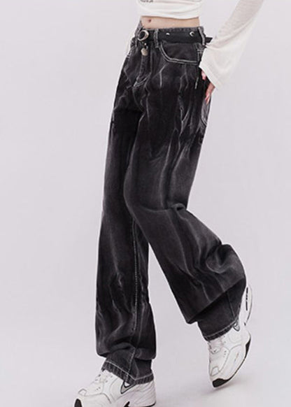 Black Tie Dye Denim Straight Pants Spring